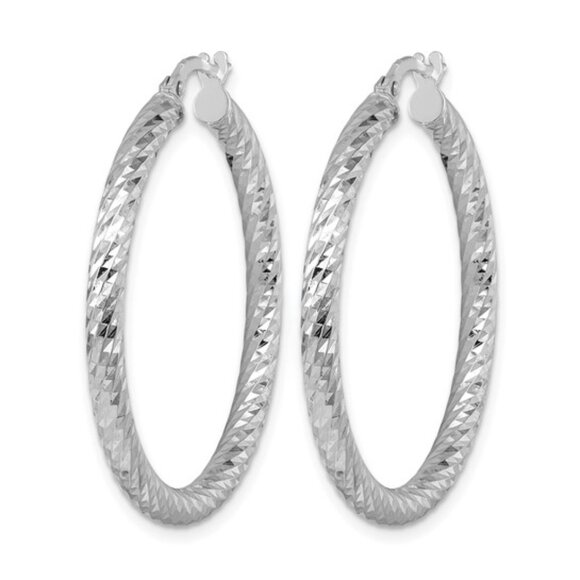 Herco 14k White gold diamond-cut and twisted 3.0 round hoop Earrings, RH Plated - Picture 3 of 5